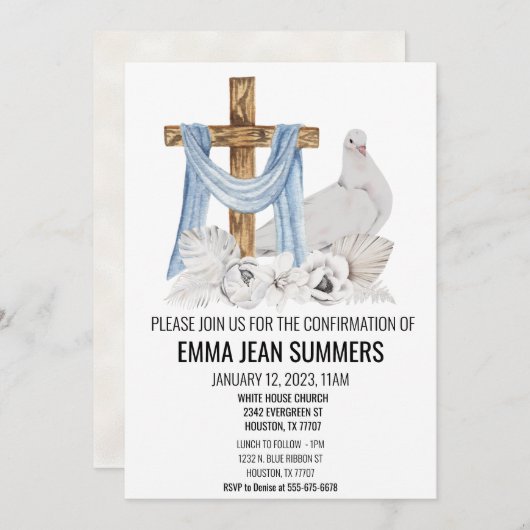 Invitation Célébration de confirmation Colombe en aquarelle C (Devant / Derrière)