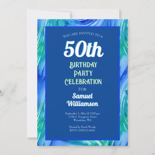 Invitation Célébration de fête d'anniversaire 50 ans Bleu et  (Devant)