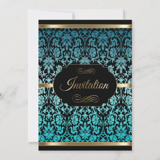 Invitation Célébration de fête en Damassé Turquoise | Texte D (Devant)