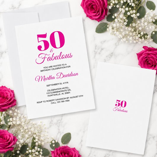 Invitation Célébration de fête rose chic 50 ans et fabuleuse