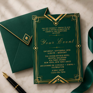 Invitation Célébration de gala émeraude vert or Art Déco Luxe