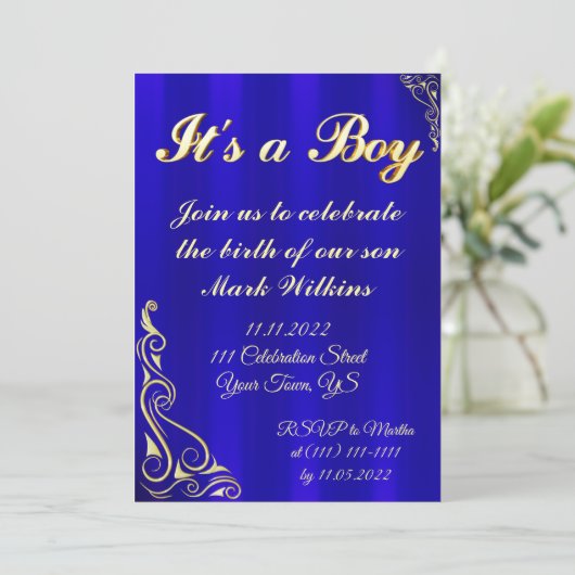 Invitation Célébration de la naissance d'un bébé garçon Gold  (Debout devant)