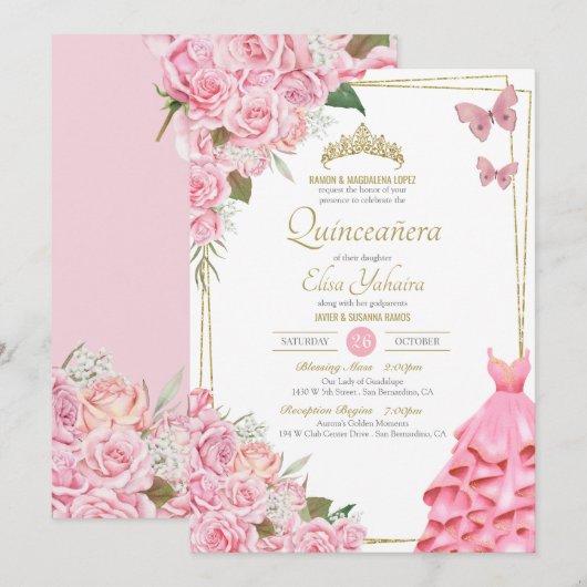 Invitation Célébration de la Quinceanera, papillon floral ros (Devant / Derrière)