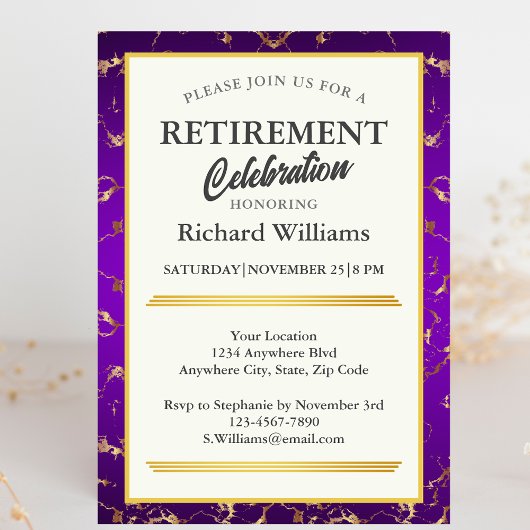 Invitation Célébration de la retraite Formal Purple Gold Marb