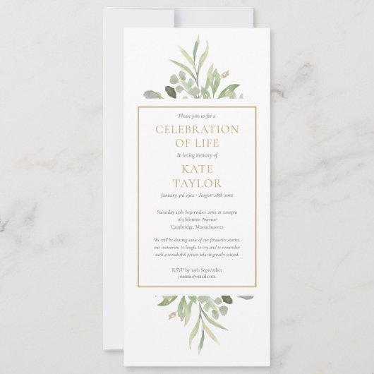 Invitation Célébration de la verdure du service funèbre de la (Devant)