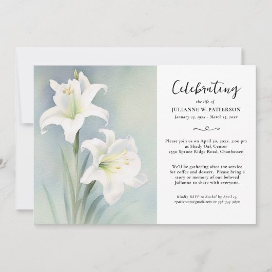 Invitation Célébration de la vie aquarelle fleur de lys funér (Devant)