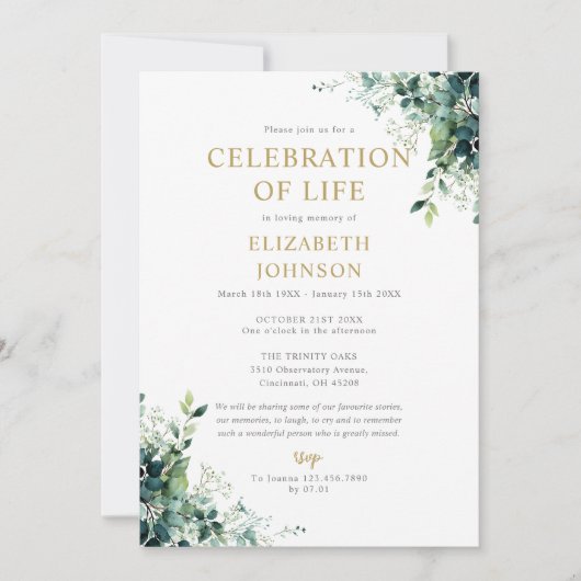 Invitation Célébration de la vie avec monogramme de verdure f (Devant)
