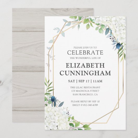 Invitation Célébration De La Vie Blanche Florale Géométrique (Devant / Derrière)