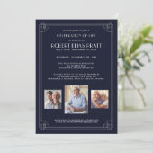 Invitation Célébration de la vie bleu foncé blanc 3 Photo Inv (Debout devant)