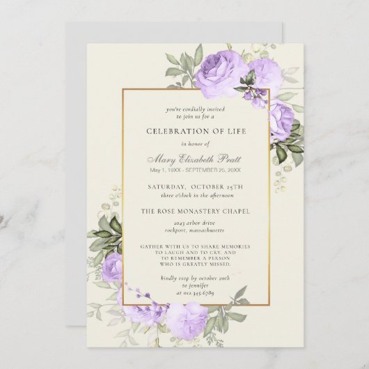 Invitation Célébration de la vie Blush violet Rose Floral (Devant / Derrière)