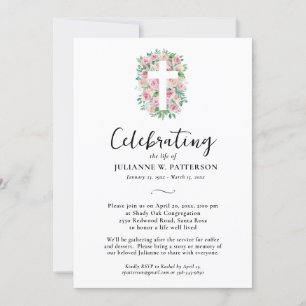 Invitation Célébration de la vie, Croix de rose, Photo, Funér