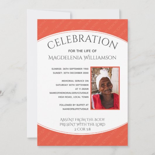 Invitation CÉLÉBRATION DE LA VIE DU corail Photo Funérailles  (Devant)