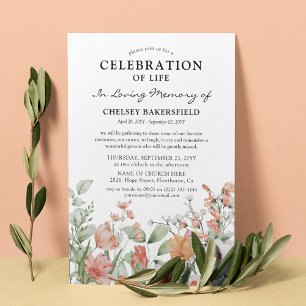 Invitation Célébration de la vie Fleurs roses et pêche Memori
