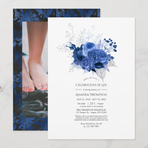 Invitation Célébration de la vie florale bleu royal et argent