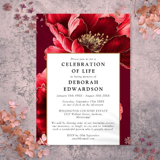 Invitation Célébration de la vie florale élégante rouge moder