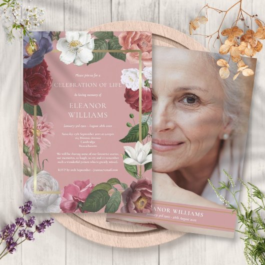Invitation Célébration de la vie Funérailles Rose Rose Floral