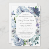 Invitation Célébration de la vie funéraire Dusty Blue Floral (Devant / Derrière)