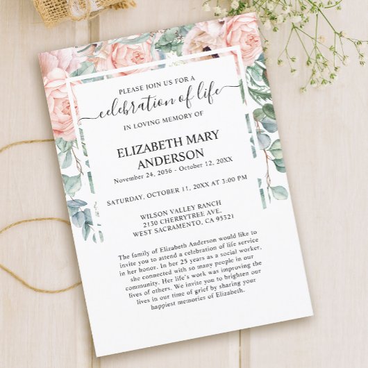 Invitation Célébration de la vie funéraire Memorial rose Blus