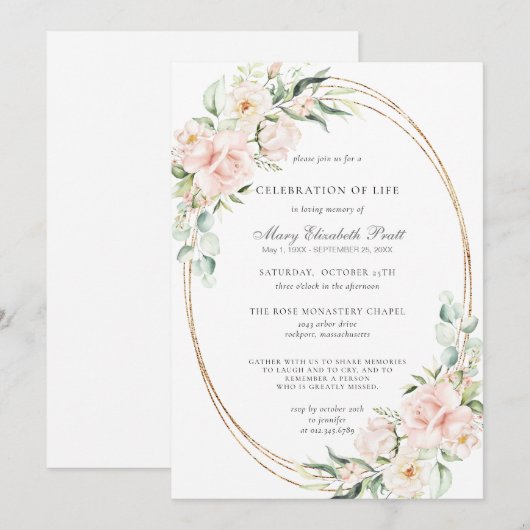 Invitation Célébration de la vie funéraire Mémorial rose flor (Devant / Derrière)