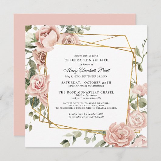 Invitation Célébration de la vie funéraire Mémorial rose flor (Devant / Derrière)