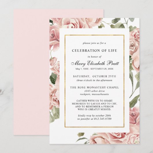 Invitation Célébration de la vie funéraire Mémorial rose Flor (Devant / Derrière)