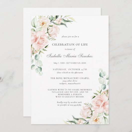 Invitation Célébration de la vie funéraire Mémorial rose flor (Devant / Derrière)