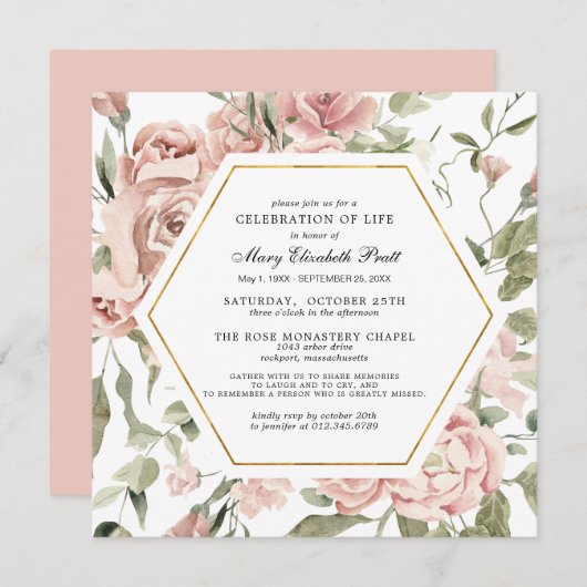 Invitation Célébration de la vie funéraire Mémorial rose Flor (Devant / Derrière)