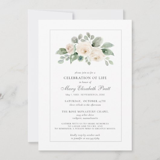 Invitation Célébration de la vie Funéraire Photo Florale Blan (Devant)