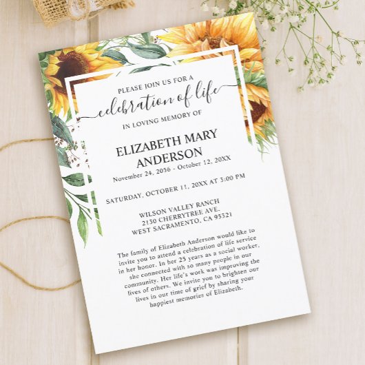 Invitation Célébration de la vie Funeral Memorial Tournesol