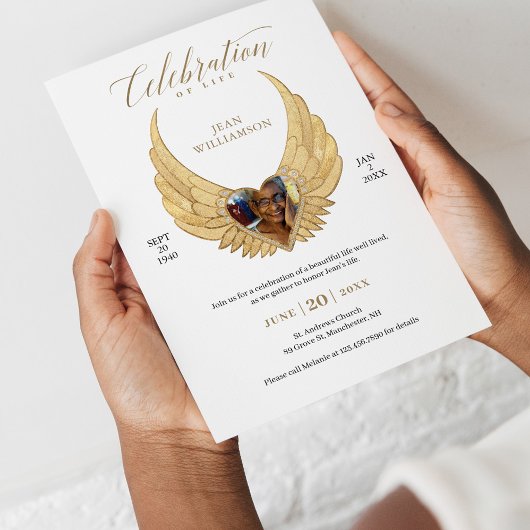 Invitation Célébration de la vie Gold Angel Wings Photo