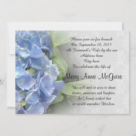 Invitation Célébration de la vie Hydrangea et dentelle (Dos)