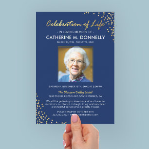 Invitation Célébration de la vie Mémorial funéraire bleu or