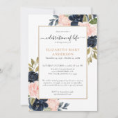 Invitation Célébration de la vie Mémorial Rose Marine Bleu Or (Devant)