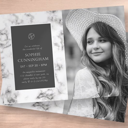 Invitation Célébration de la vie Moderne Elégant Marbre Photo