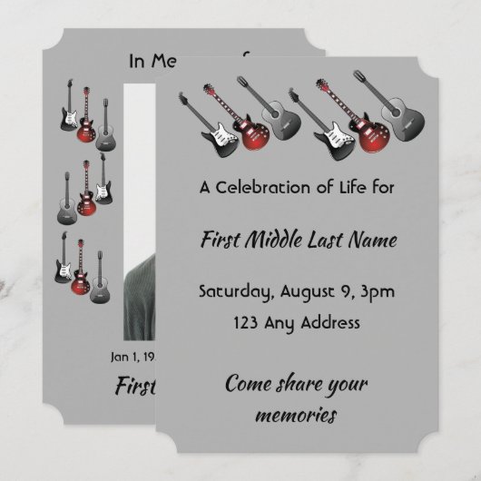 Invitation Célébration de la vie musicienne Guitare Musique (Devant / Derrière)