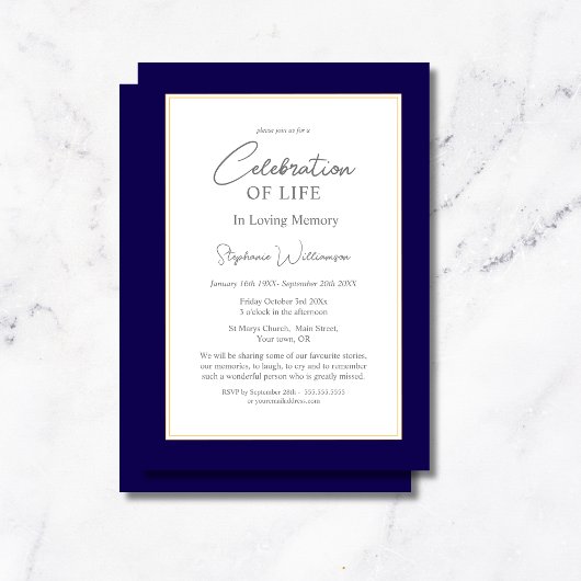 Invitation Célébration de la vie Navy & Or