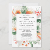 Invitation Célébration de la vie Orange Blanc Floral Botaniqu (Devant)