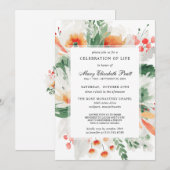Invitation Célébration de la vie Orange Blanc Floral Botaniqu (Devant / Derrière)