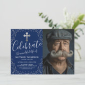 Invitation Célébration de la vie Photo Bleu Argent (Debout devant)