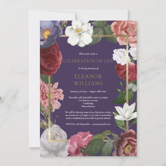 Invitation Célébration de la vie Rose Fleur Violet Or (Devant)