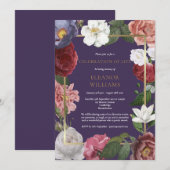 Invitation Célébration de la vie Rose Fleur Violet Or (Devant / Derrière)