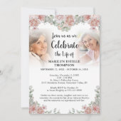 Invitation Célébration de la vie rose florale 3 Photos Memori (Devant)