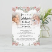 Invitation Célébration de la vie rose florale 3 Photos Memori (Debout devant)