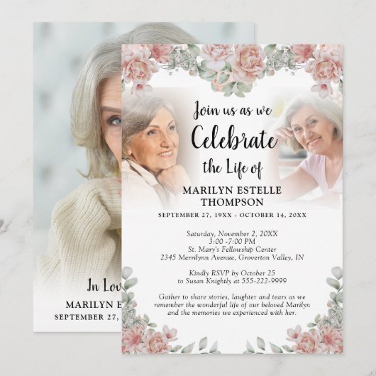 Invitation Célébration de la vie rose florale 3 Photos Memori (Devant / Derrière)