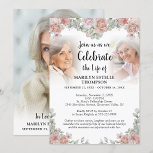 Invitation Célébration de la vie rose florale 3 Photos Memori