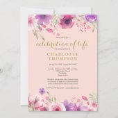 Invitation Célébration de la vie rose poudré or floral photo (Devant)