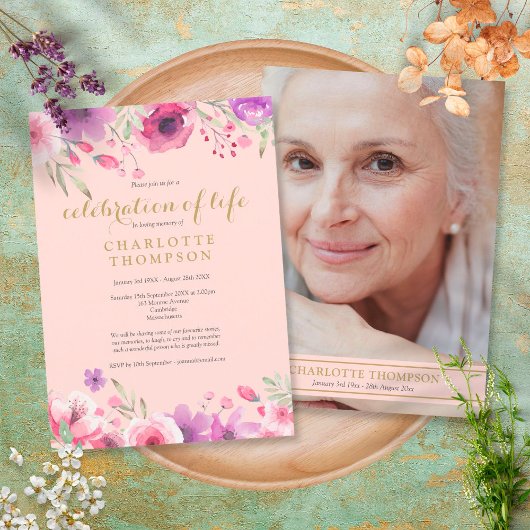 Invitation Célébration de la vie rose poudré or floral photo