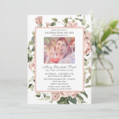 Invitation Célébration de la vie rose rose Rose photo florale (Debout devant)