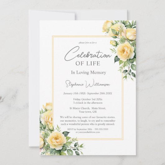 Invitation Célébration de la vie Roses Jaunes (Devant)