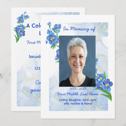 Invitation Célébration de la vie Service Oubliez-moi pas" Fle (Devant / Derrière)